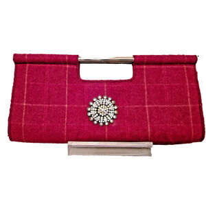 PUTU by J. MacLear Retro Vintage Red Plaid Check Clutch Handbag with Brooch